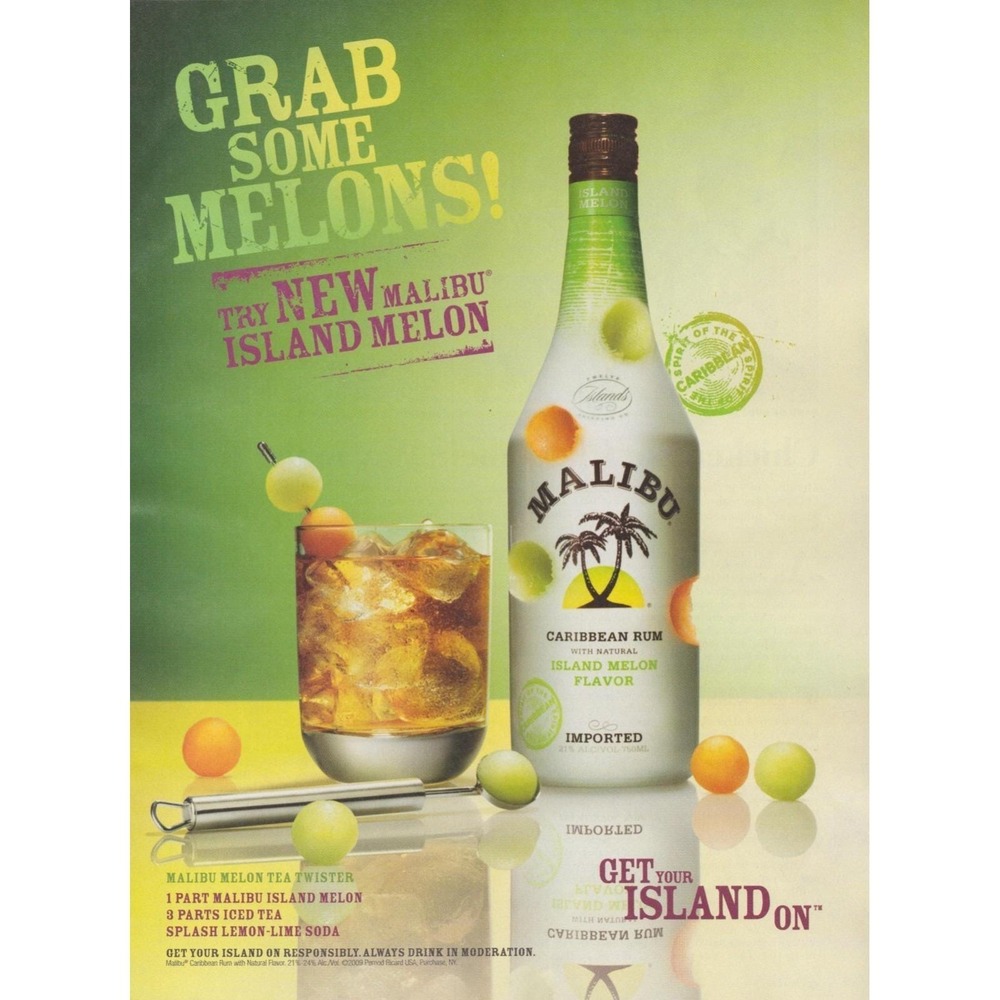 2009 Malibu Island Print Ad Caribbean Rum Grab Some Melons Get Your Island On